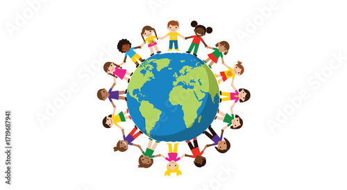 Children of the world holding hands around the globe in unity and peace.