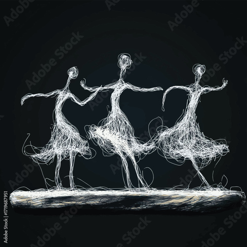 Wire sculptures of dancing figures on a wooden base, set against a dark background, showcasing creativity and movement. , vector style simple color