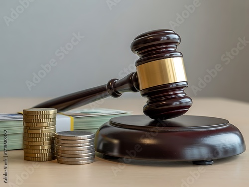 Gavel Money and Justice System Symbol on a Wooden Surface Still Life.