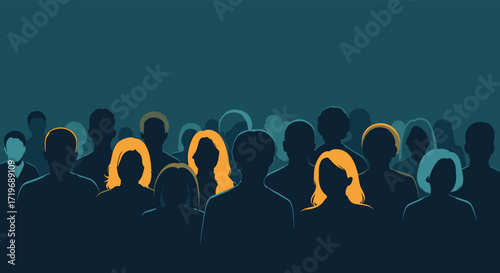 A diverse group of people are silhouetted against a dark background with some individuals highlighted in warm orange tones.