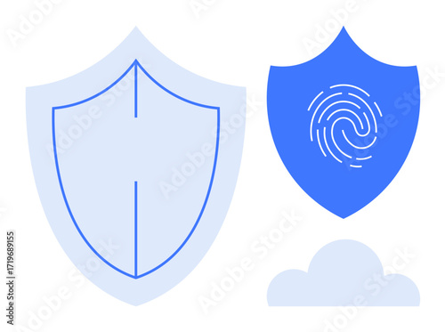 Two shield shapes symbolizing protection, one with a fingerprint design and a cloud element. Ideal for data security, cybersecurity, online protection, privacy, technology, cloud computing, simple