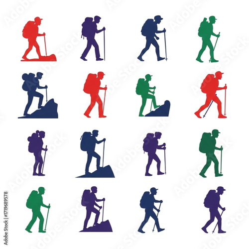 Colorful Hiker Silhouettes with Backpacks and Trekking Poles on White Background.