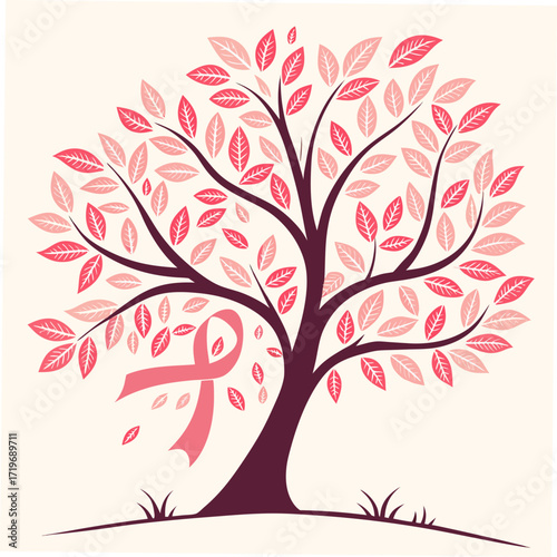 Elegant pink ribbon adorns a stylized tree symbolizing hope and support for breast cancer awareness, perfect for impactful campaigns and heartfelt messages