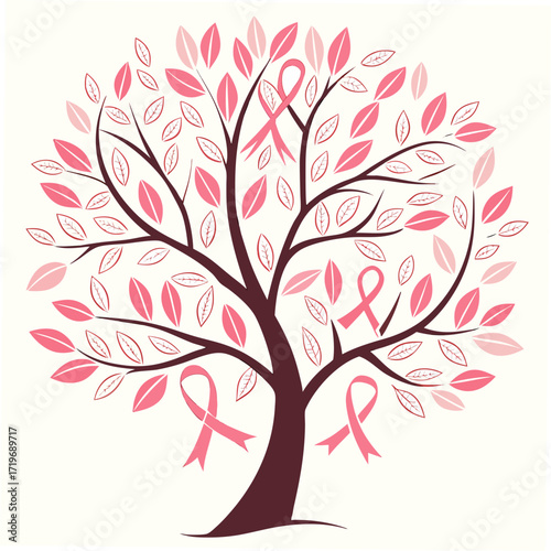 Elegant tree illustration adorned with pink ribbons and delicate leaves, symbolizing breast cancer awareness and hope for a cure, promoting support and unity.