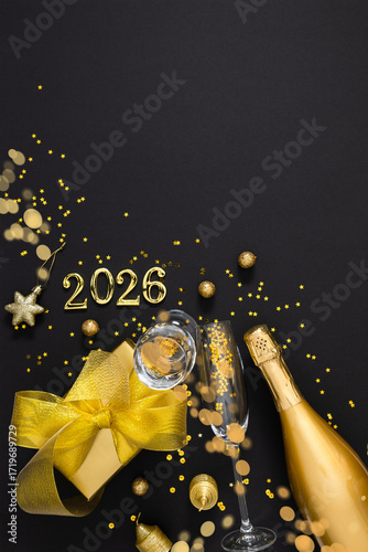 Luxurious festive vertical design with the date 2026 and gold decor. Glittery gift, champagne bottle, and glasses on black surface with glitter, confetti, and bokeh.