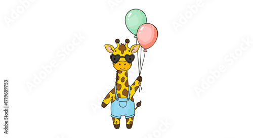 A cartoon giraffe wearing sunglasses and holding balloons in a playful scene