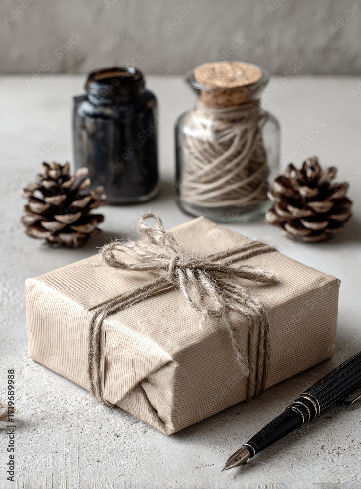 Fototapeta premium Gift wrapped in kraft paper, tied with twine, with ink bottles and pine cones