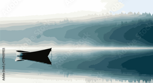 Aerial view of a shark fin slicing through serene ocean waves on a clear day near mountains, illustration