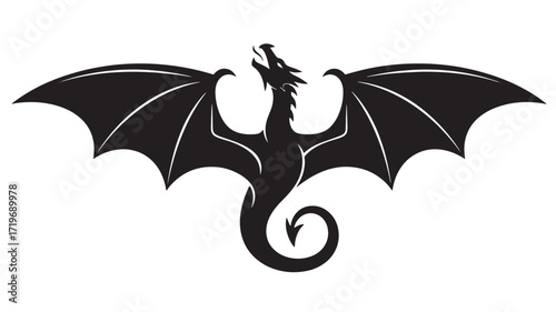 Black dragon silhouette Vector illustration mythical creature fantasy design Isolated on white background