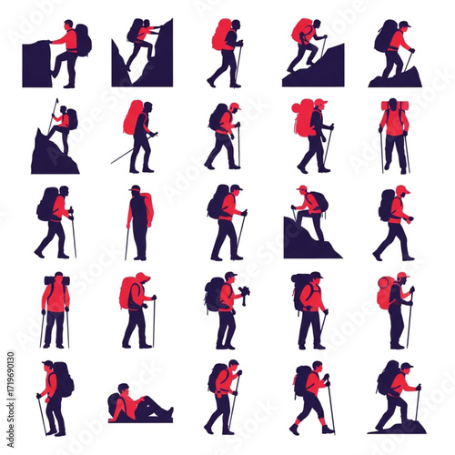 Silhouette Hikers with Backpacks and Trekking Poles in Various Poses.