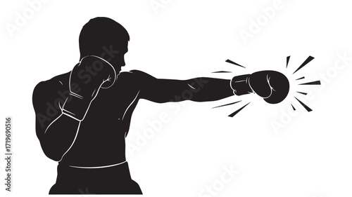 Boxer silhouette throwing a punch Boxing sport action Vector illustration Black and white design Isolated on w