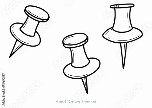 Three hand-drawn pushpins scattered, simple line art illustration.