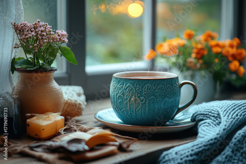 A cup of coffee and a candle on a table.