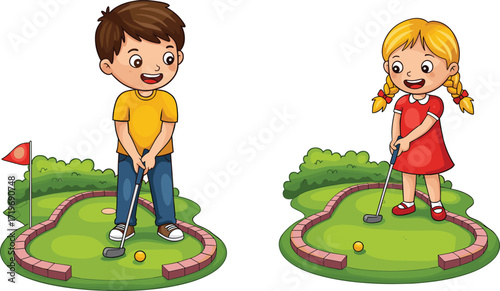 Cartoon boy and girl playing mini golf, kids holding clubs, outdoor fun activity, smiling children, sports illustration, summer leisure, game
