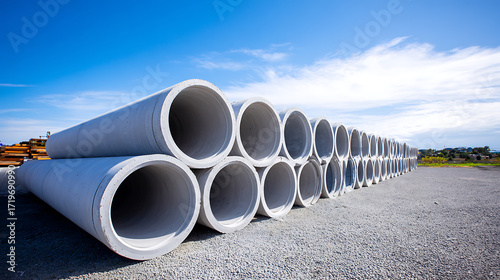 Wallpaper Mural Concrete pipes for water supply at construction site under blue sky. Industrial, infrastructure, and building concept. Torontodigital.ca