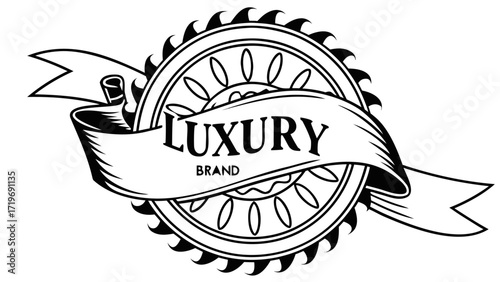 Illustration of a luxury brand logo with a ribbon banner and decorative circular saw blade design element