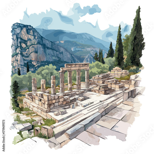 Delphi Archaeological Site. Delphi Archaeological Site watercolor vector illustration