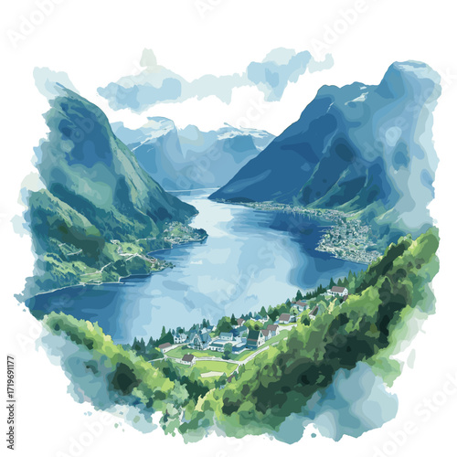 Geirangerfjord. Geirangerfjord watercolor vector illustration