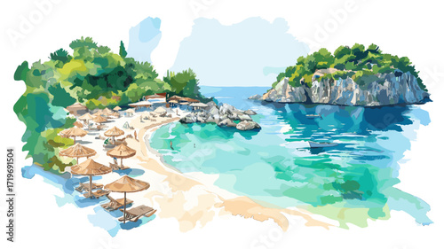 Ksamil Beach. Ksamil Beach watercolor vector illustration
