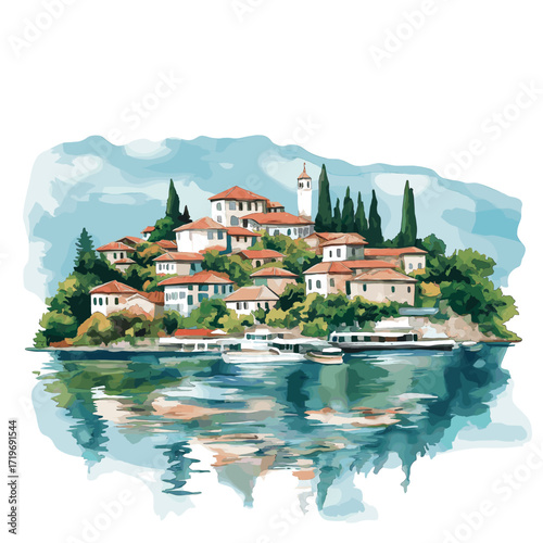 Lake Ohrid. Lake Ohrid watercolor vector illustration