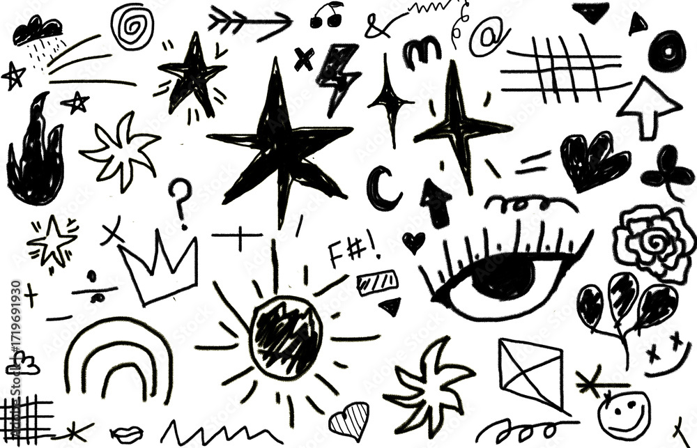 Fototapeta premium Hand drawn doodle vector set with sketch icons stars hearts flowers and nature elements