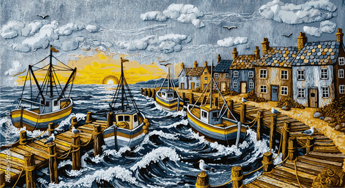 Vintage illustration of boats docked at a seaside town harbour at sunset