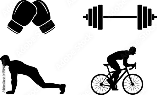 Dynamic silhouettes of fitness activities: boxing, weightlifting, cycling, and calisthenics