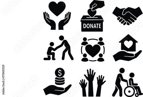Set of black silhouette people icons vector collection with love hand symbols and cartoon hats isolated on white background
