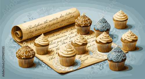 Still life arrangement of cupcakes with decorative frosting on parchment-like background with scroll, viewed from directly above