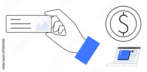 Hand holding a card, dollar sign, laptop with payment form. Ideal for finance, technology, banking, payment, ecommerce digital wallets transactions. Simple flat metaphor