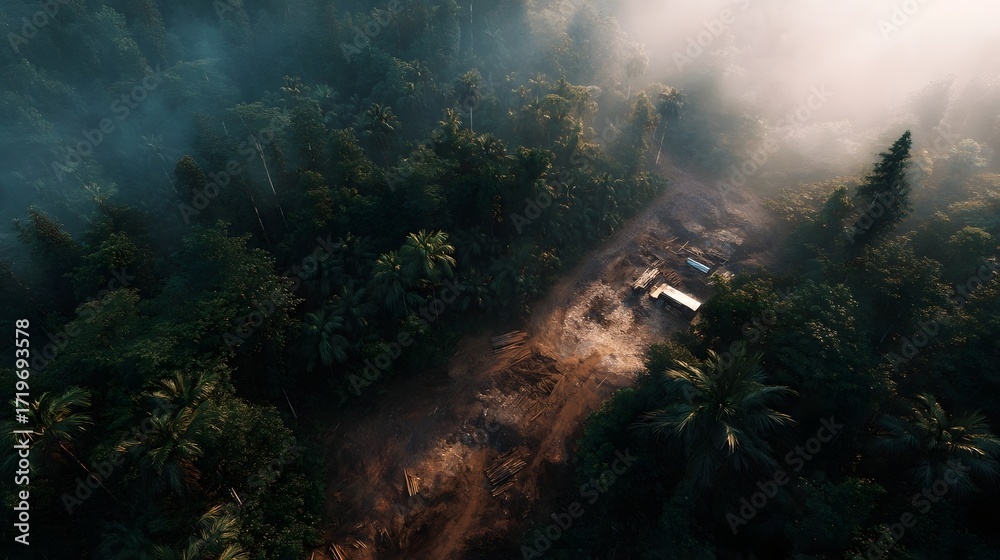 Fototapeta premium Aerial view of a remote jungle clearing with a logging camp amidst mist and golden light