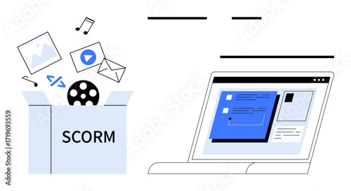 SCORM package with media files and code beside a laptop showing an e-learning interface. Ideal for education, e-learning, content sharing, learning technologies, knowledge management, training