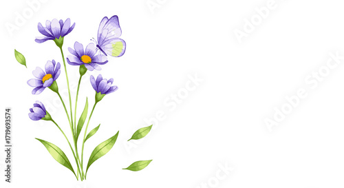 Elegant floral arrangement of purple flowers and green leaves on a stem, vector illustration, eps file type, suitable for various designs