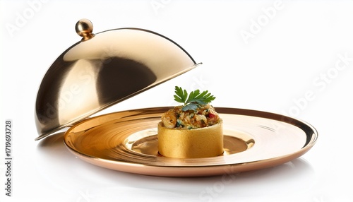 elegant food presentation under golden cloche gourmet dish isolated on white background