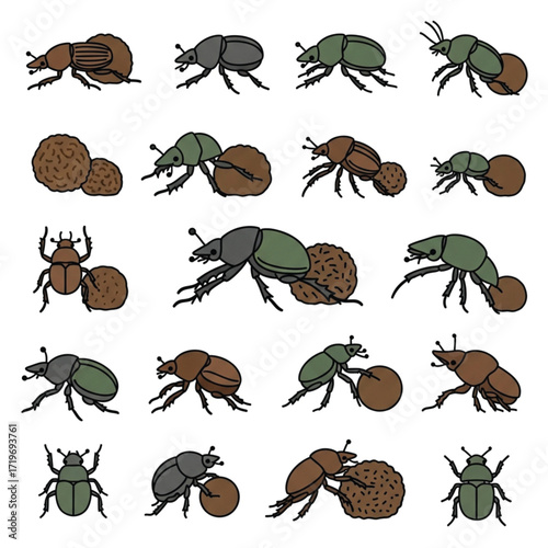 Cartoon Dung Beetles Collection Various Colors and Poses Black Outline.