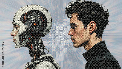 Man and robot standing side by side, Pixel art illustration, looking in the same direction, symbolizing human–AI collaboration and futuristic teamwork