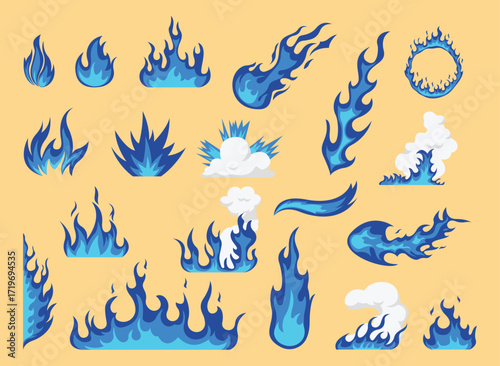 Blue fire flames, bright fireball, heat wildfire and red hot bonfire, campfire, red fiery flames isolated vector illustration set. Animated form and square, fireball and flame	