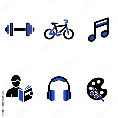 Hobbies and leisure activities icon set in a bold blue and black color scheme, featuring fitness, music, art, and reading for a balanced lifestyle.