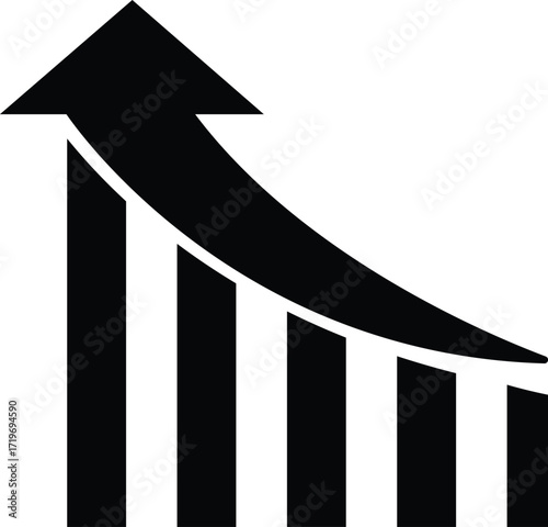 Black upward trending arrow superimposed over a bar chart showing increasing growth and positive financial performance