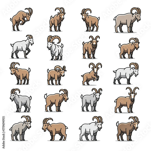 Collection of Stylized Goats with Curled Horns in Various Poses and Colors.