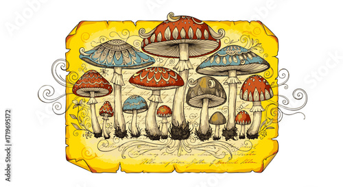 Colorful illustration of assorted mushrooms in a fantasy landscape viewed from above with intricate details and vibrant colors
