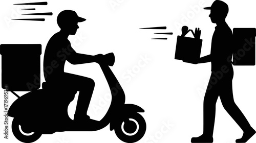 Fast delivery person on scooter hands over package to courier