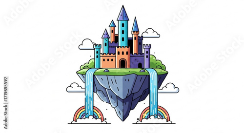 A whimsical castle perched atop a floating island, complete with waterfalls, rainbows, and fluffy clouds, evoking a sense of fantasy