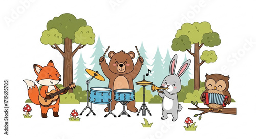 A whimsical forest band performs with a fox on guitar, a bear on drums, a rabbit on trumpet, and an owl on accordion