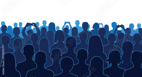 A large diverse crowd of people gathered together in a wide shot with many individuals holding up their phones.