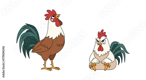Two roosters stand side by side each showing a different personality.