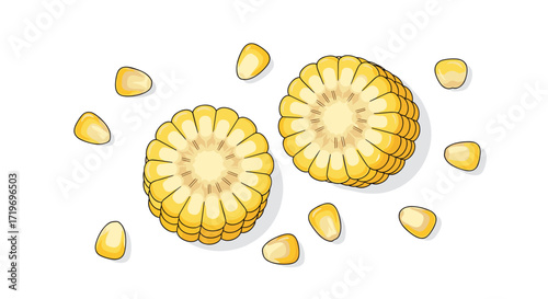 Close-up of two cross sections of ripe yellow corn on the cob with scattered kernels on a white background.
