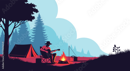 A person plays guitar by a campfire near a tent in a forest landscape.