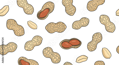 A seamless pattern of peanuts in their shells and out of them.