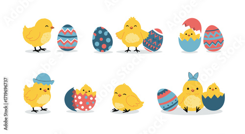 Cute fluffy baby chicks with colorful decorated easter eggs.